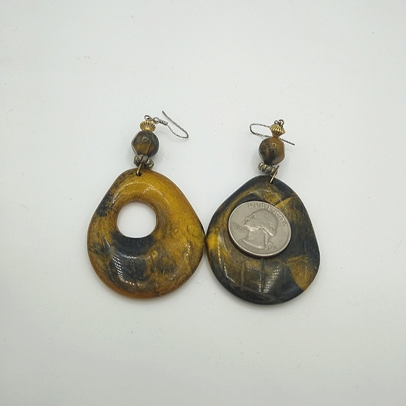 Rustic Primitive faux Polished Stone Dangle Hoop Earrings - Picture 6 of 7